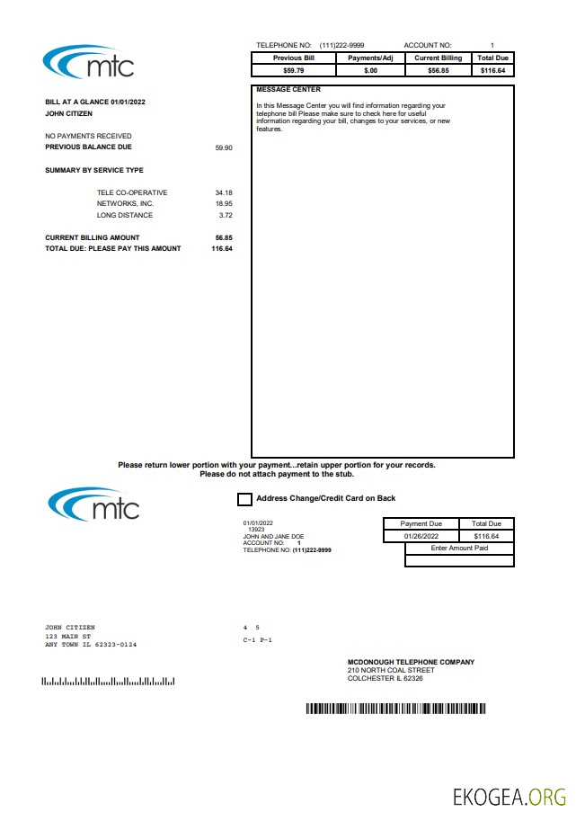 USA Illinois MTC utility bill template in Word and PDF format